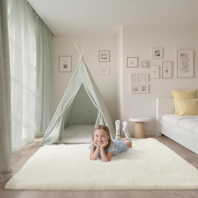 Shag Cream Rug 6x9 Area Rugs for Bedroom Living Room - Non Slip Ultra Soft Large Fluffy Fuzzy Shag Plush Shaggy Furry Rug for Dorm Kids Room Nursery Playroom, Home Office Modern Carpet Decor