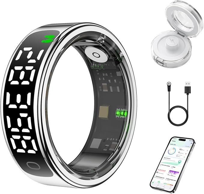 Smart Health Ring for Women Men, Smart Ring Fitness Tracker for iOS Android, Heart Rate, Blood Oxygen, Blood Pressure, Sleep Monitoring,5ATM Waterproof, No Subscription Fee (Silver, 8#)