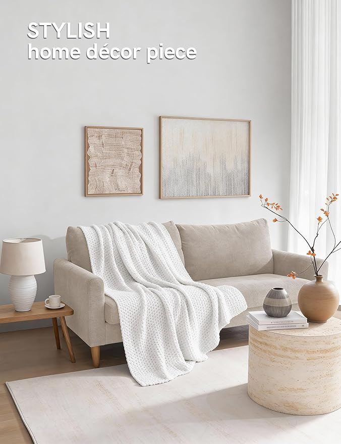 YnM Chunky Cotton Knit Throw Blanket, Cable Knit Throws for Bed Couch Sofa, Comfy & Relaxing, Decorative Piece for Farmhouse Modern Boho Rustic Scandinavian Chic Vibe, White 50x60 Inches
