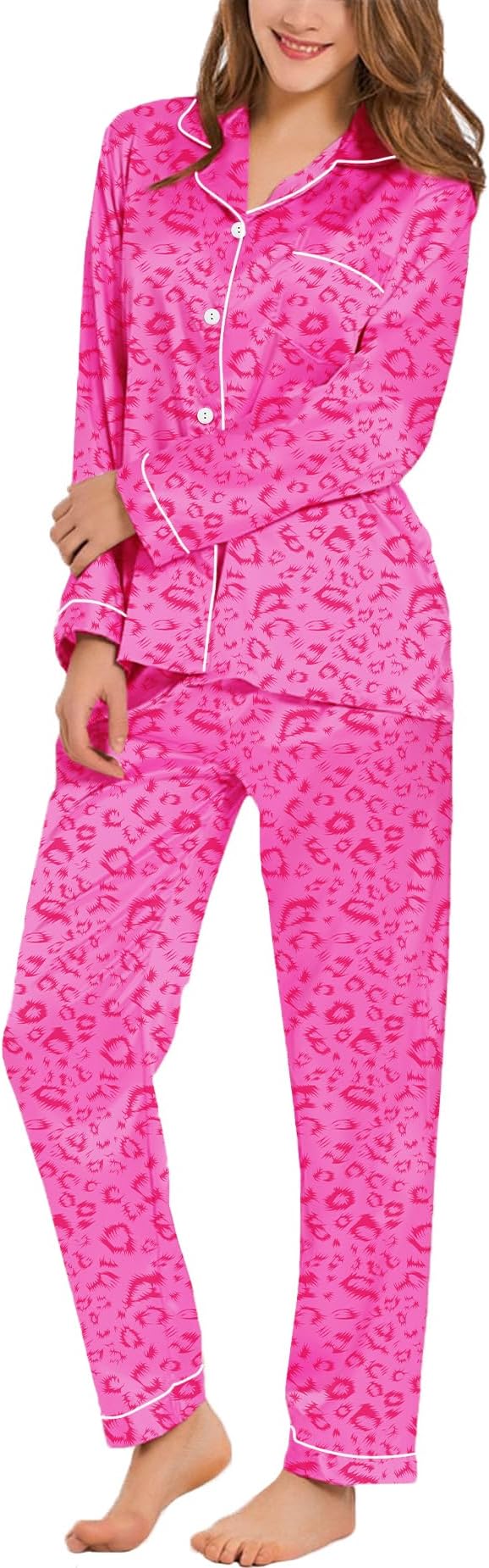 SWOMOG Womens Silk Satin Pajamas Set Long Sleeve Button Down Sleepwear 2 Piece Lounge Set Pj Set XS-3XL