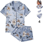 WJing Yi Jia 4Pcs Womens Satin Silky Pajama Sets Short Sleeve Shirt XS-4XL Floral Pajamas Set Soft PJ Loungewear Sleepwear