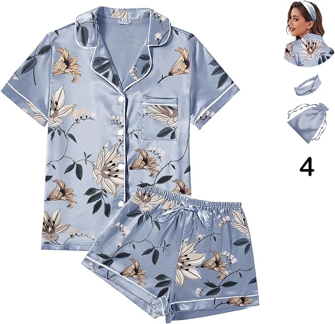 WJing Yi Jia 4Pcs Womens Satin Silky Pajama Sets Short Sleeve Shirt XS-4XL Floral Pajamas Set Soft PJ Loungewear Sleepwear