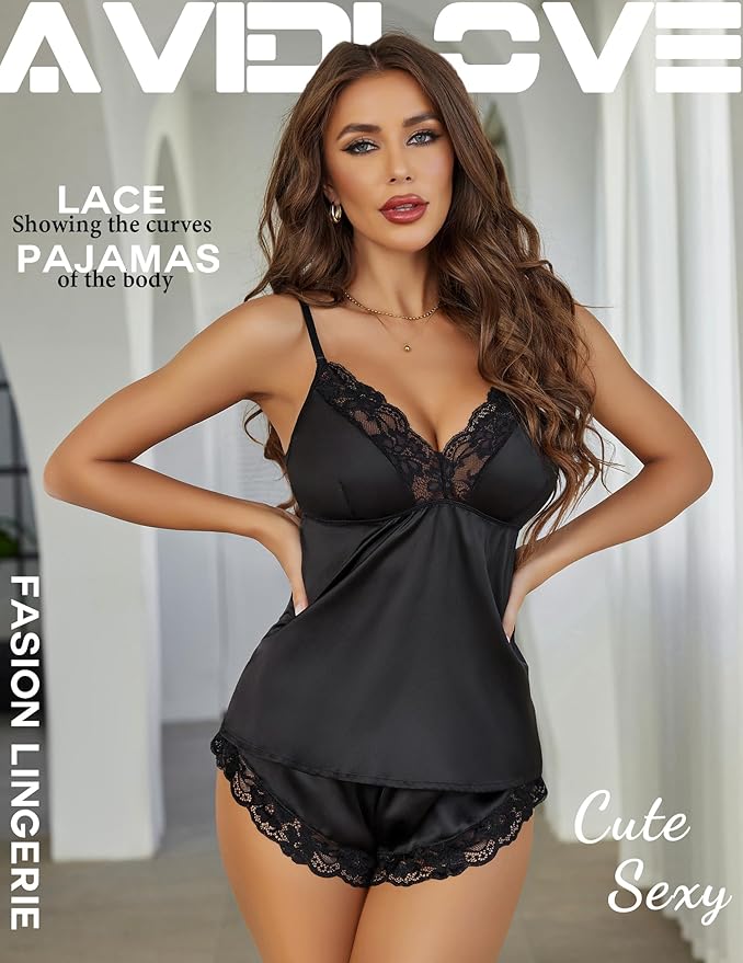 Avidlove Satin Pajamas Set Womens Lace Sleepwear Sexy Lingerie Cami Shorts Set S-XXL