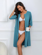 Ekouaer Women Zipper Robes Knee Length Waffle Knit Bathrobe Lightweight House Coat with Pockets 3/4 Sleeves Loungewear S-3XL