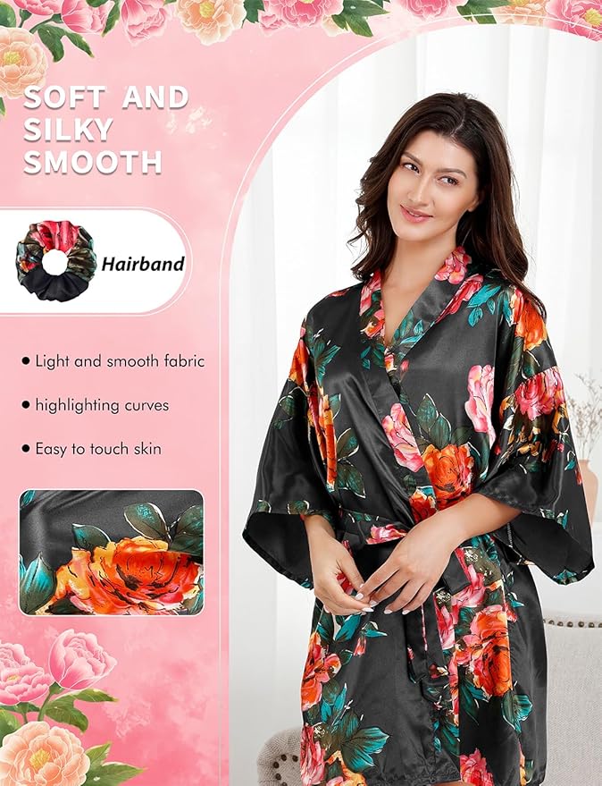 EPLAZA Silk Robes for Women Satin Robe Short Sexy Print Flower Kimono Loungewear Wedding Bridal Party