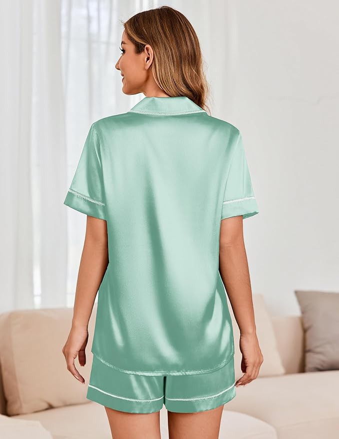 Ekouaer Womens Satin Silk Pajamas Set Short Sleeve Sleepwear Button Down Top and Shorts Loungewear 2 Piece Pjs Set S-XXL
