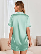 Ekouaer Womens Satin Silk Pajamas Set Short Sleeve Sleepwear Button Down Top and Shorts Loungewear 2 Piece Pjs Set S-XXL
