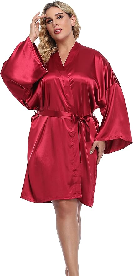 Women's Plus Size Short Silky Bathrobes Satin Kimono Robes Bride Bridesmaid Loungewear Soft Nightgown