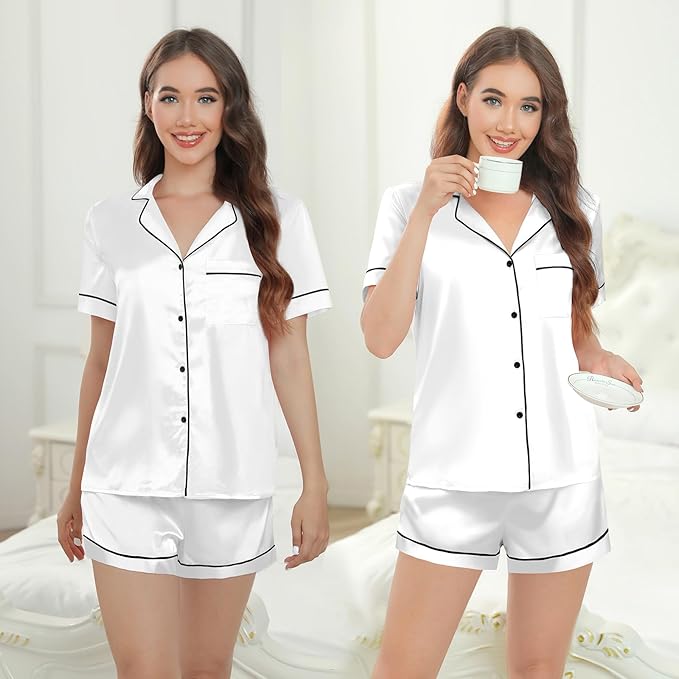 Silk Pajamas for Women Satin Womens PJ Set 2 Piece Short Lounge Set Summer Sleepwear Notch Collar Button-Down Pjs