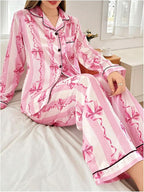 WDIRARA Women's 2 Piece Bowknot Print Satin Pajama Set Long Sleeve Button Down Lounge Pants Sleepwear Sets
