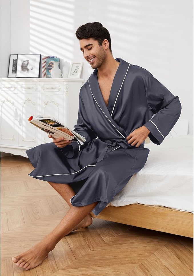 Vulcanodon Men’s Satin Robe Lightweight,Men's Luxurious Silk Kimono Bathrobe