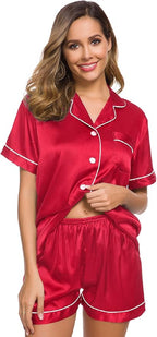 SWOMOG Womens Silk Satin Pajamas Set Short Sleeve Sleepwear Button Down Top and Shorts Loungewear 2 Piece Pjs Set XS-3XL