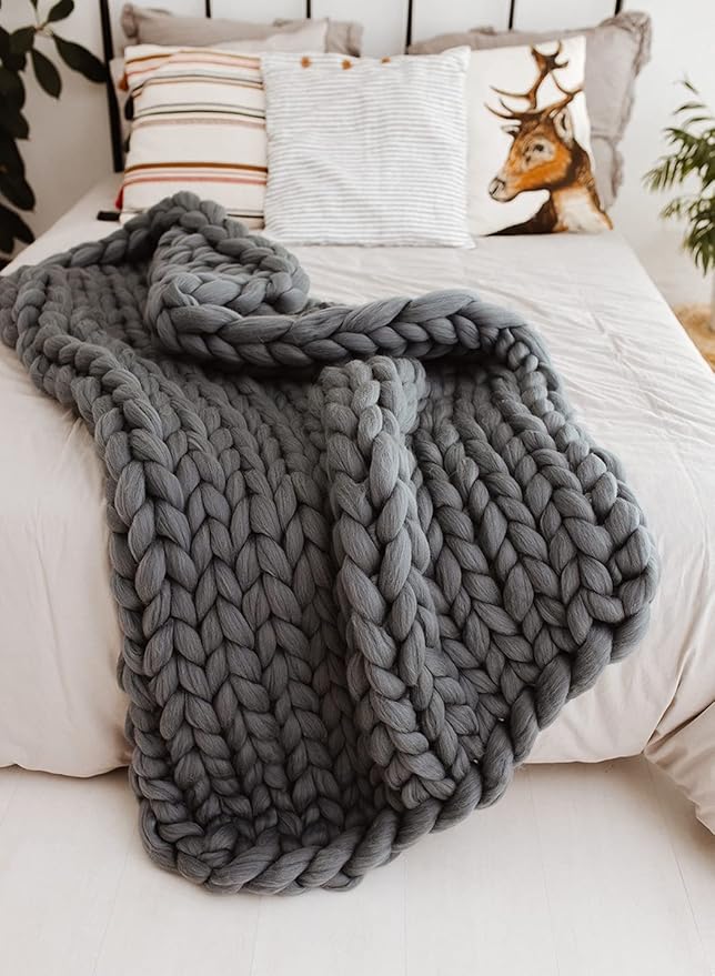 Chunky Knit Blanket, Boho Throw Blanket for Couch, Throw Blanket Knit Bed Scarf, Knitted Blanket, Supernatural Blanket, Wool Blanket for Home Decor or Gifts (Lavender, 54"x75")