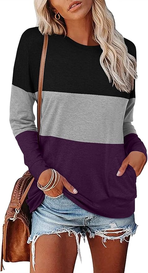 Magritta Women's Long Sleeve Leopard Color Block Tunic Comfy Crewneck T Shirt Tops Black XL