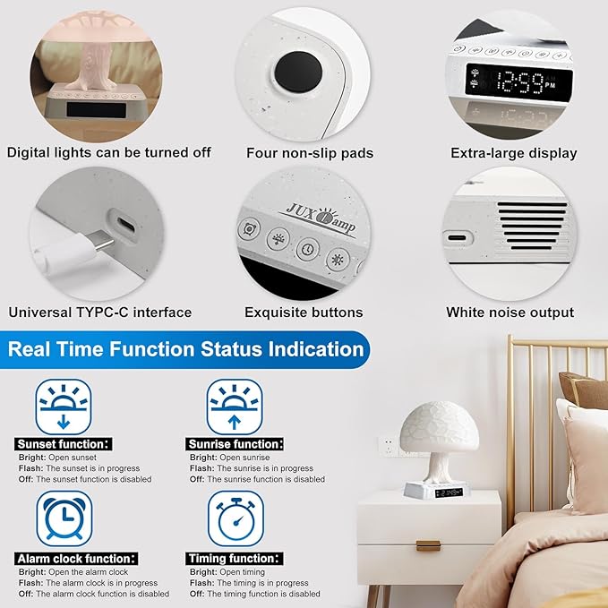 Sunrise Alarm Clock Wake Up Light - 3 Color LED Lamp with Sound & Light Awakening, Bioclock Adjustment & APP Control, Mushroom Tree Design for Bedroom Bedside