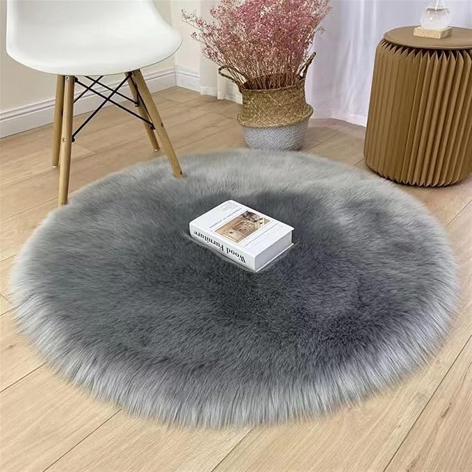 Lifup Soft Round Shaggy Rug, Faux Fur Area Rug, Fluffy Plush Carpets Circle Rugs for Living Room Fuzzy Rugs for Bedroom Under Dining Table Home Office Decor Grey 1x1 Feet