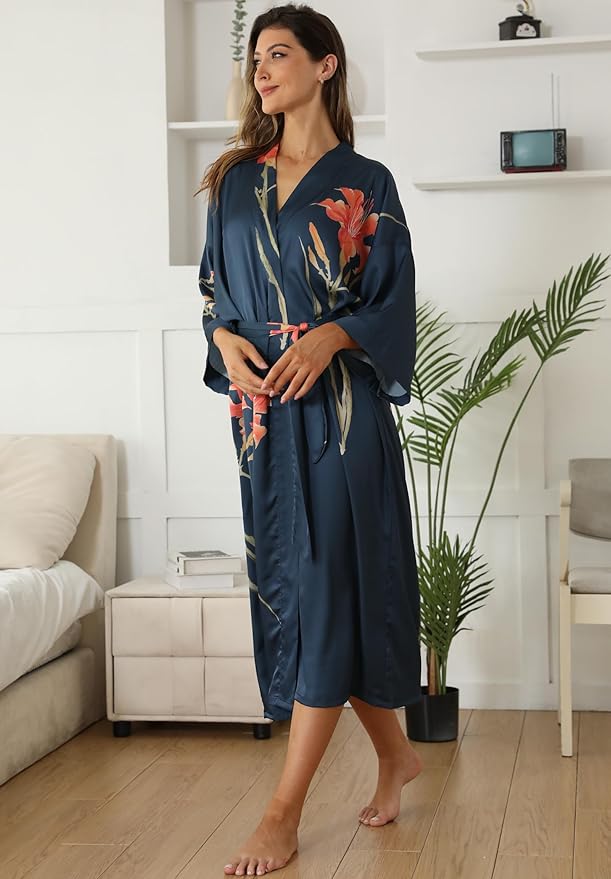 Kihnop Women's Floral Long Kimono Robe Long Satin Robe Long Silk Robe Ladies Kimonos Silky Bathrobe Cover Up, One Size
