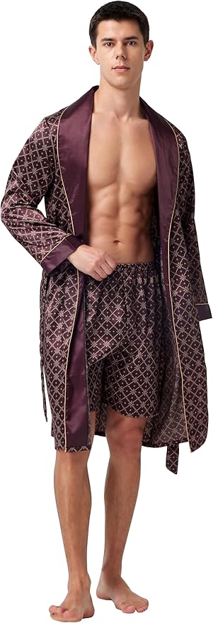 Tony & Candice Men's Satin Robe Lightweight Long Sleeve Silk Kimono Bathrobe with Shorts Set Sleepwear