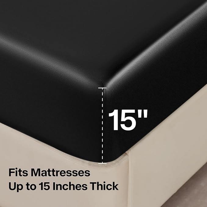 BEDELITE California King Sheets Set, Luxury Soft Black Satin Sheets for Hair and Skin, Similar to Silk Bed Sheets Set 4 Pieces with 1 Deep Pocket Fitted Sheet, 1 Flat Sheet, and 2 Pillowcases