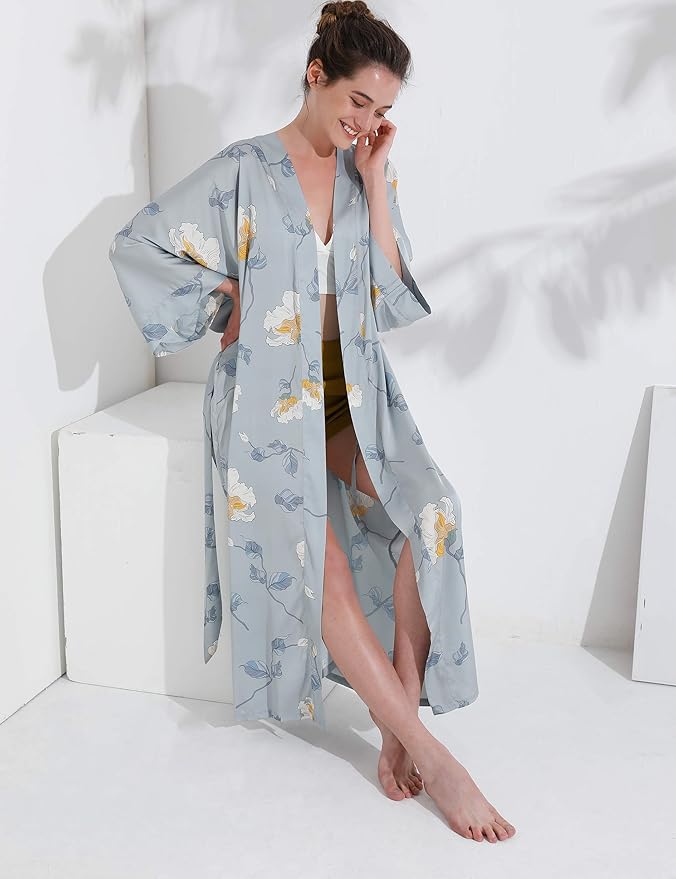 Aensso Long Soft Lightweight Silky Kimonos Robes for Women, Luxury Japanese Floral Womens Kimono Robe