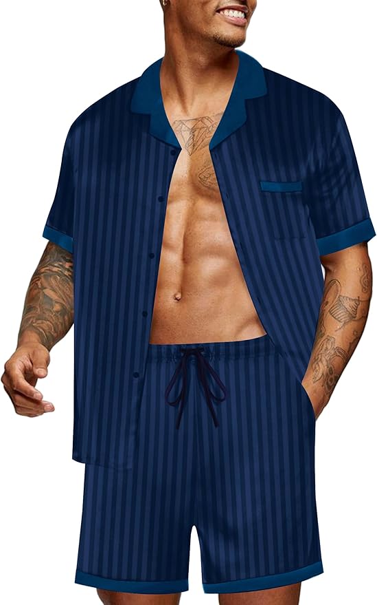Ekouaer Men Satin Silk Pajamas Set with Pockets Sleepwear Shorts Satin Summer Loungewear 2 Piece Button Down Set S-3XL