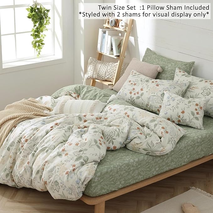 ALEISSEL Natural Cotton 2pcs Botanical Comforter Sets Twin Size-Green Comforter with Red & Blue Flowers,Gray Leaves on Off-White, Reversible Lightweight Bedding Sets(Twin 68"×90")