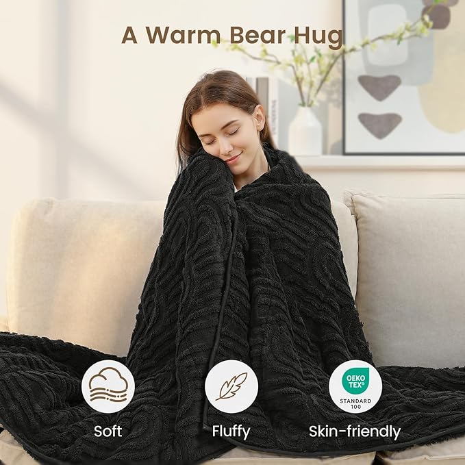 Sherpa Fleece Adult Weighted Blanket Great for Sleep, 15 lbs Dual Sided Soft Fuzzy Heavy Blankets for Couch Bed Sofa, Cozy Warm Fluffy Arched Jacquard Throw for Winter (Black, 60" x 80", 15 Pounds)