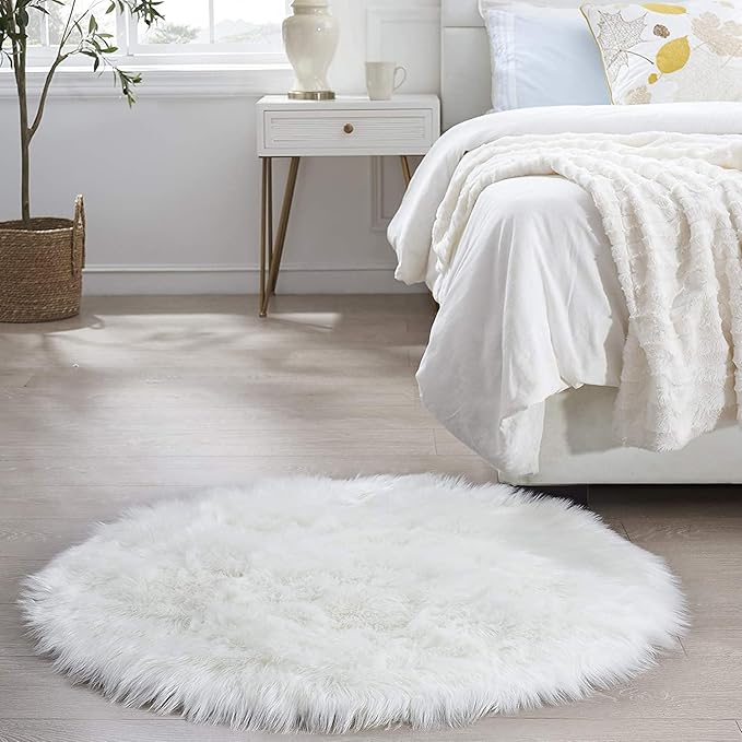 3 ft Fluffy White Round Rug for Bedroom Living Room, Soft Furry White Circle Rug for Kids Room Shaggy Circular Carpet for Nursery Teen's Room, Fuzzy Plush Rug for Dorm