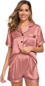 SWOMOG Womens Silk Satin Pajamas Set Short Sleeve Sleepwear Button Down Top and Shorts Loungewear 2 Piece Pjs Set XS-3XL