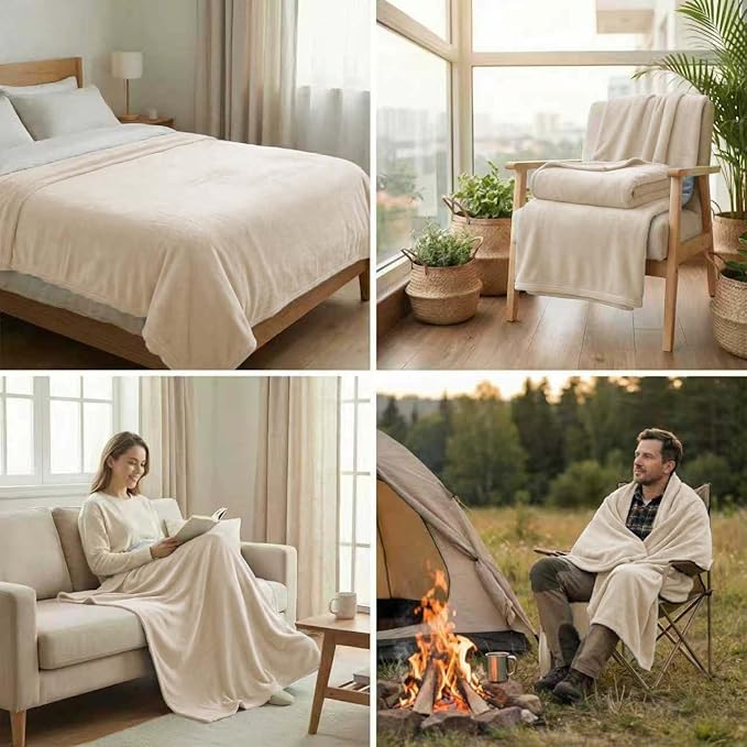 Fleece Blanket Full/Queen - 80x90 Inch Lightweight & Buttery-Soft Throw for Bed, Sofa, Camping | 300GSM Cloud-Touch Microfiber | Cozy Essentials for Travel & Movie Nights, (Cream)