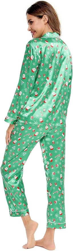 SWOMOG Womens Silk Satin Pajamas Set Long Sleeve Button Down Sleepwear 2 Piece Lounge Set Pj Set XS-3XL