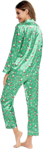 SWOMOG Womens Silk Satin Pajamas Set Long Sleeve Button Down Sleepwear 2 Piece Lounge Set Pj Set XS-3XL