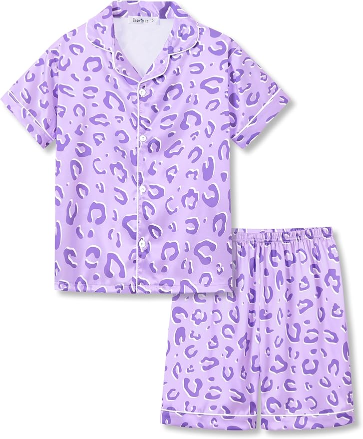Beezizac Little & Big Girls Satin Silky Button Pajama Summer Short Sleeves Set Trendy Outfit Kid Size 6-16