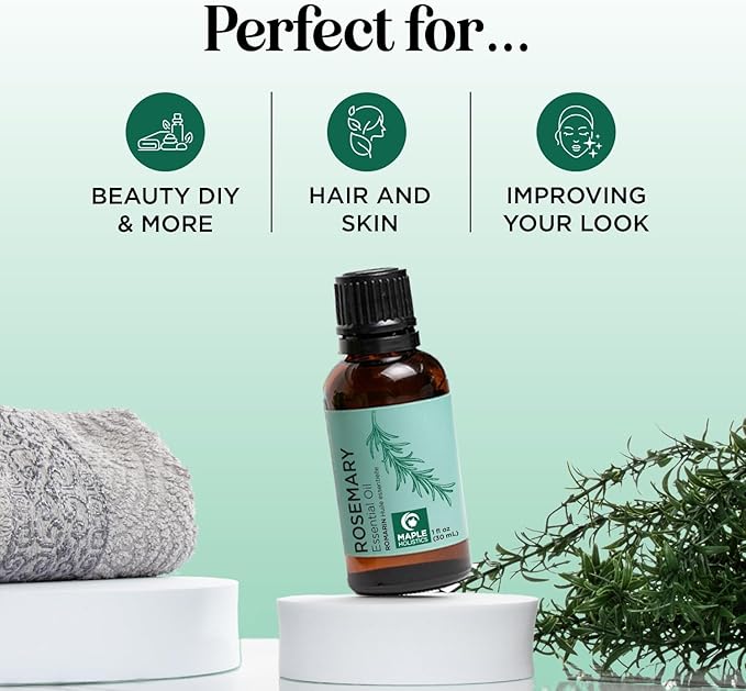 Pure Rosemary Oil for Hair Skin and Nails - 100% Pure Undiluted Rosemary Essential Oil with Dropper for Topical Uses Aromatherapy Diffusing and Home and Beauty DIYs - Vegan and Cruelty Free (1 Fl Oz)