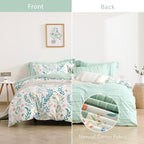 ALEISSEL Botanical Cotton Comforter Queen Size 3Pcs - Cute Garden Floral Design with Green Leaves & Coral and Pink Flowers,Sage Striped Reverse,Lightweight Reversible Bedding Sets(Full/Queen,90"×90")