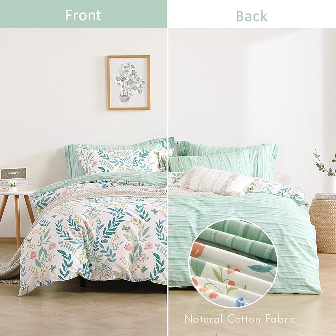 ALEISSEL Botanical Cotton Comforter Twin Size 2Pcs - Cute Garden Floral Design with Green Leaves & Coral and Pink Flowers,Sage Striped Reverse,Lightweight Reversible Bedding Sets(Twin,68"×90")