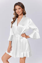 Ekouaer Women's Satin Robe Short Ruffle Hem Silky Robes Lightweight Kimono Brides Bathrobes Sleepwear XS-XXL