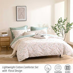ALEISSEL Faded Blush Floral Cotton Comforter Queen Size - 3PC Lightweight Bedding Sets with Soft Alternative Fill, Vintage-Inspired Delicate Botanical Patterns, Muted Sage Reversible Design