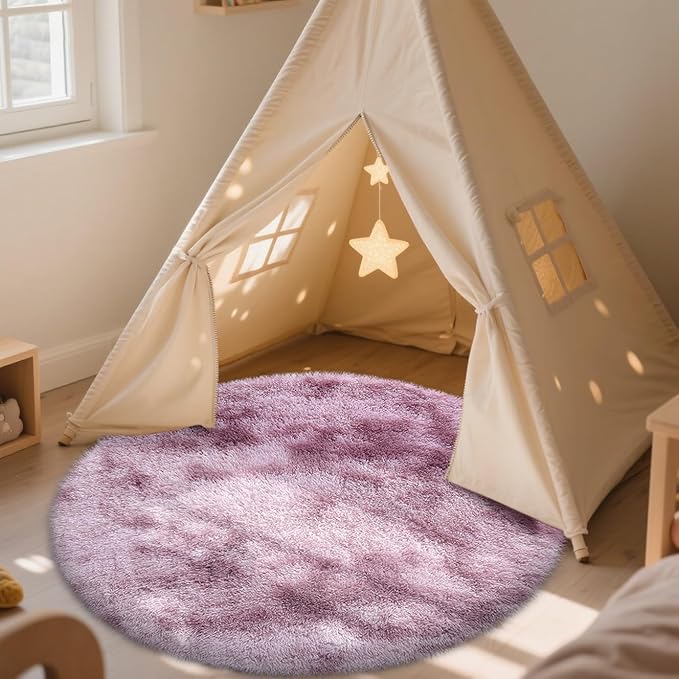 OLANLY Dusty Pink Tie-dye Round Rugs for Bedroom - Machine Washable, 4x4 Feet Circle Area Rugs for Living Room, Soft and Fluffy Shaggy Carpet for Teen Girls and Boys, Dorms, Home Decor Aesthetic