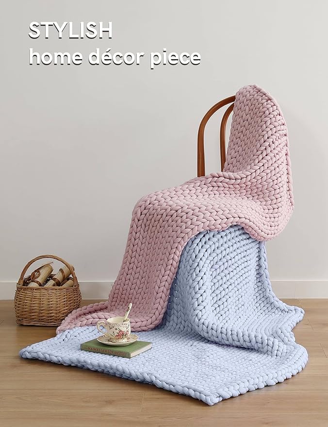 YnM Chunky Throw Blanket, Medium-Weight, Hand Knitted, Skin Friendly, Ventilated and Breathable, Machine Washable, Home Décor Piece for Couch, Sofa and Bed (Atlantis Blue, 40x50 Inch)