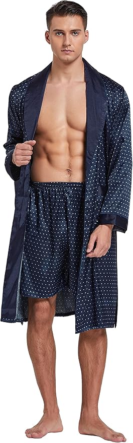 Tony & Candice Men's Satin Robe Lightweight Long Sleeve Silk Kimono Bathrobe with Shorts Set Sleepwear