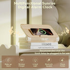 Vivilumens Alarm Clocks Wireless Charger Bluetooth Speaker Loud Sunrise Bedside Lamp for Heavy Sleepers Adults with Book Shape Wake Up Light for Bedroom Home Decor （Wooden Grain）