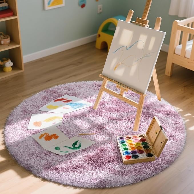 OLANLY Dusty Pink Tie-dye Round Rugs for Bedroom - Machine Washable, 4x4 Feet Circle Area Rugs for Living Room, Soft and Fluffy Shaggy Carpet for Teen Girls and Boys, Dorms, Home Decor Aesthetic