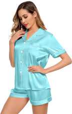 LecGee Womens Silk Satin Pajamas Short Sleeve Loungewear Two-Piece Sleepwear Button-Down Pj Set