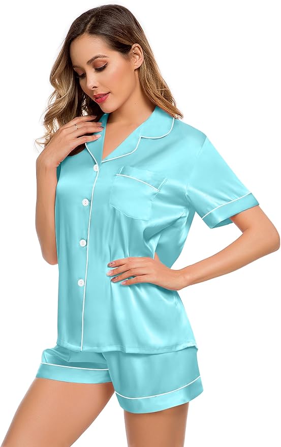 LecGee Womens Silk Satin Pajamas Short Sleeve Loungewear Two-Piece Sleepwear Button-Down Pj Set