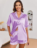 Ekouaer Satin Pajama Set for Women Button Down Silk 2 Piece Pj Sets Ruffle Short Sleeve Sleepwear