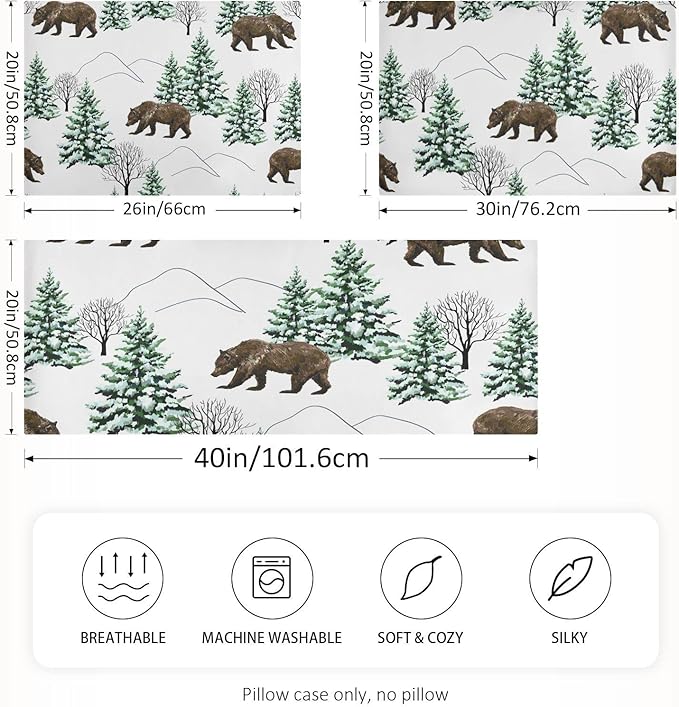 Bear Print Satin Pillowcase Queen Size, Winter Forest Silk Pillow Case with Envelope Closure, Satin Pillowcase for Hair and Skin, 20x26 inches, White, 1 PC