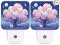 Cherries Blossom Night Lights Plug Into Wall, Night Fanciful Moon Stars Spring Peach Smart Led Plug in Lights for Wall Socket for Bathroom Closet Laundry Room Decor 2pcs