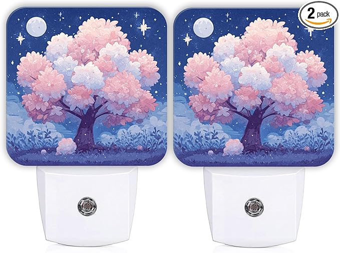Cherries Blossom Night Lights Plug Into Wall, Night Fanciful Moon Stars Spring Peach Smart Led Plug in Lights for Wall Socket for Bathroom Closet Laundry Room Decor 2pcs