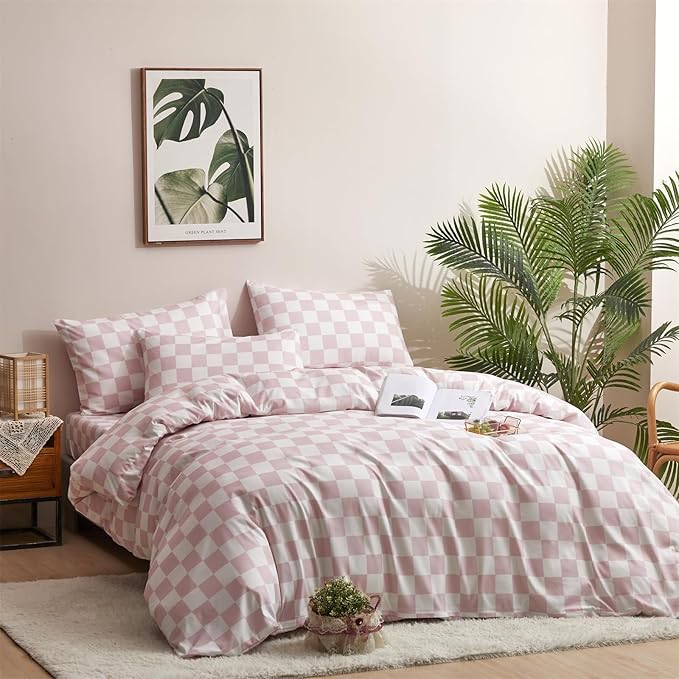 CLOTHKNOW Pink White Plaid Comforter Set Queen Grid Bedding Comforter Sets Soft Checkered Queen Comforter with 2 x Pillow Cases